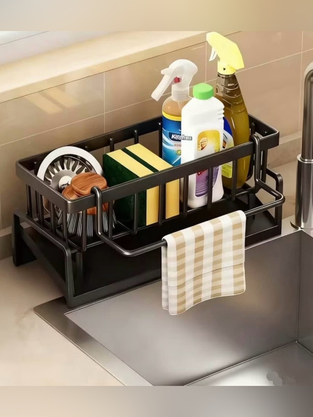 Over-Sink Black Kitchen Sink Organizer Caddy with Towel Rack